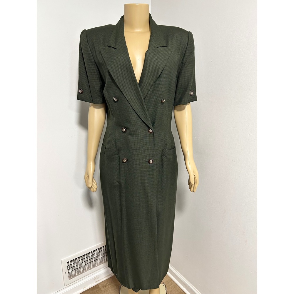 Kasper for ASL Vintage Olive Green Houndstooth Double Breasted Coat Dress 12